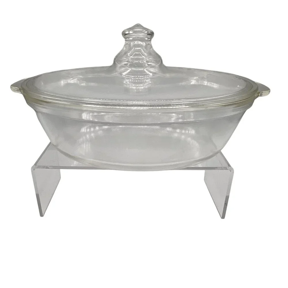Pyrex 1.5qt Vintage Oval Glass Casserole Dish Etched Silver Plated Footed Holder